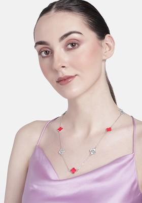 Red Solid Rhodium Plated Chain And Pendant