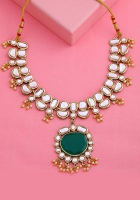 Green Studded Gold Plated Chain And Pendant