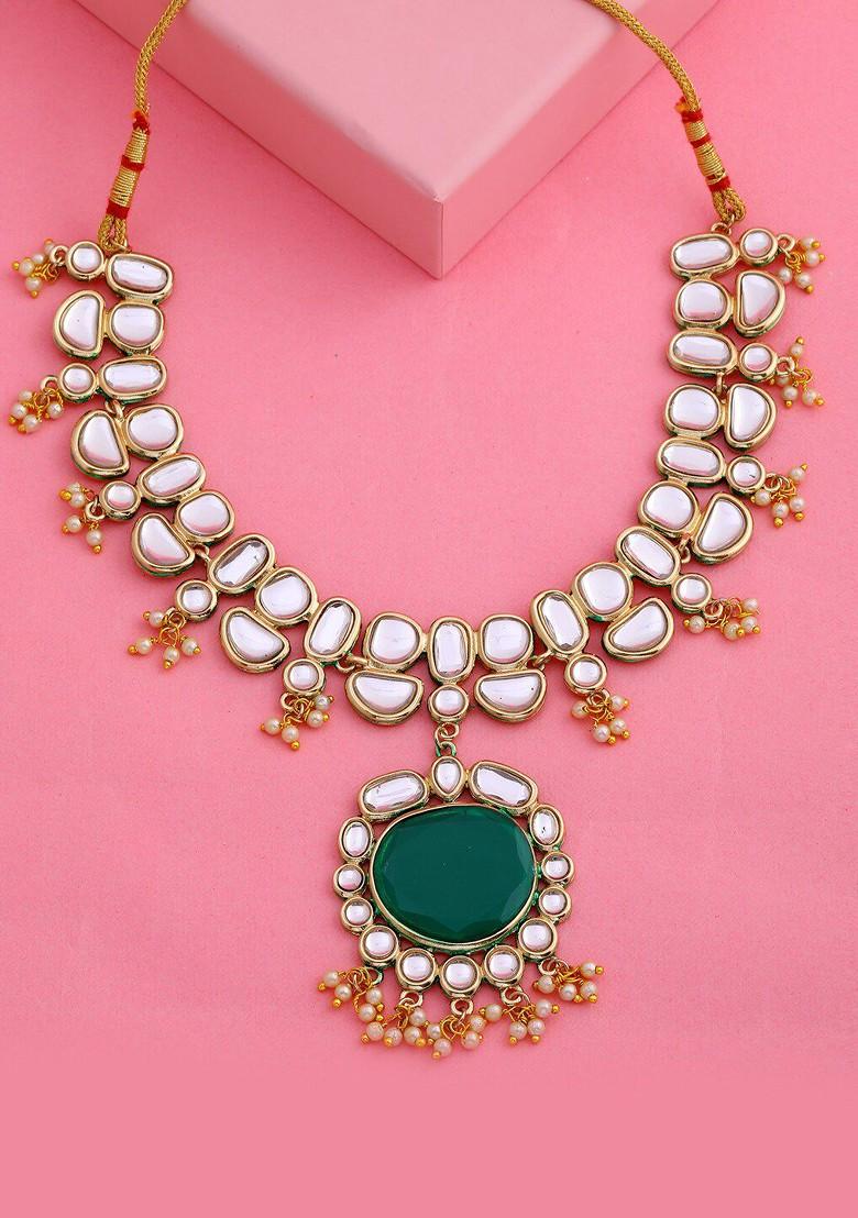 Green Studded Gold Plated Chain And Pendant