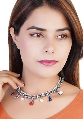 Red Studded Rhodium Plated Chain And Pendant