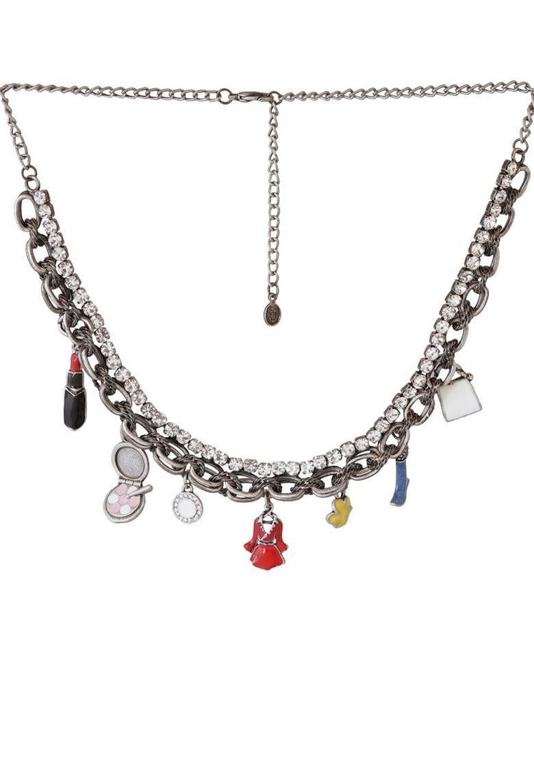 Red Studded Rhodium Plated Chain And Pendant