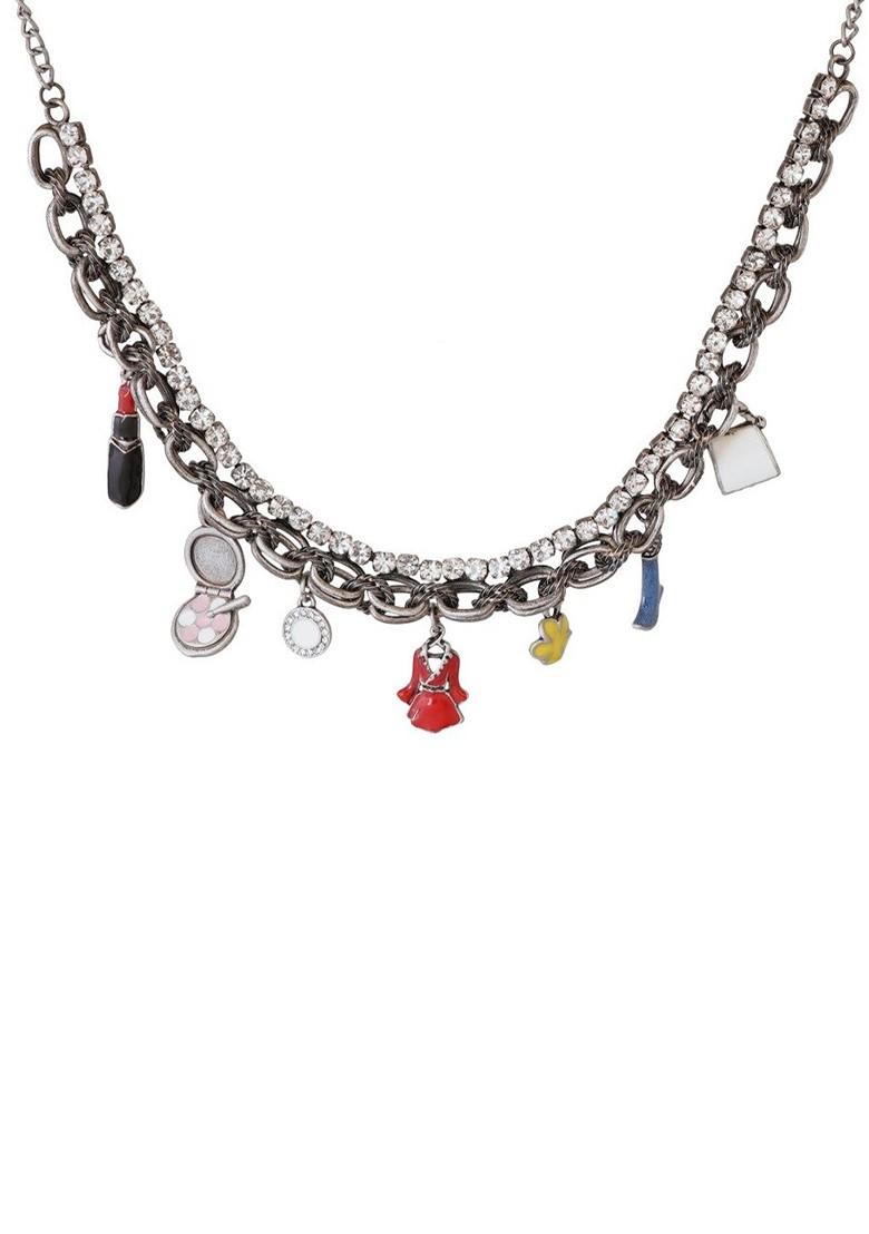 Red Studded Rhodium Plated Chain And Pendant