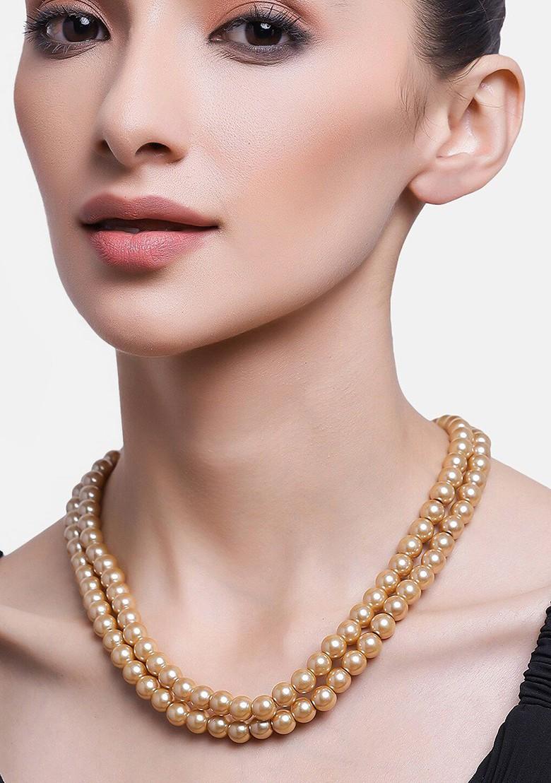 Cream Beaded Gold Plated Chain And Pendant