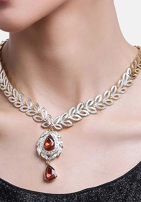 Red Studded Gold Plated Chain And Pendant