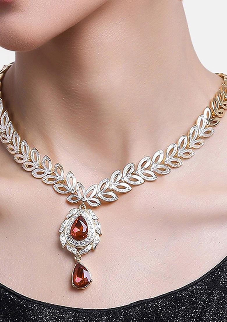 Red Studded Gold Plated Chain And Pendant