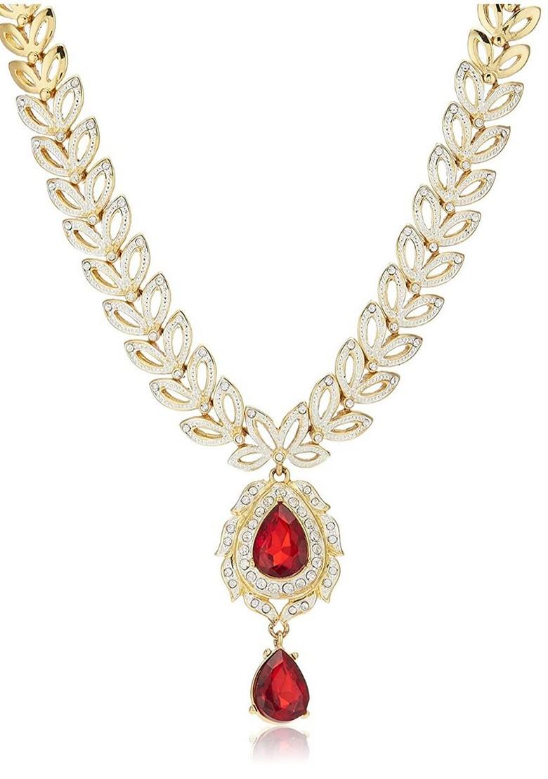 Red Studded Gold Plated Chain And Pendant