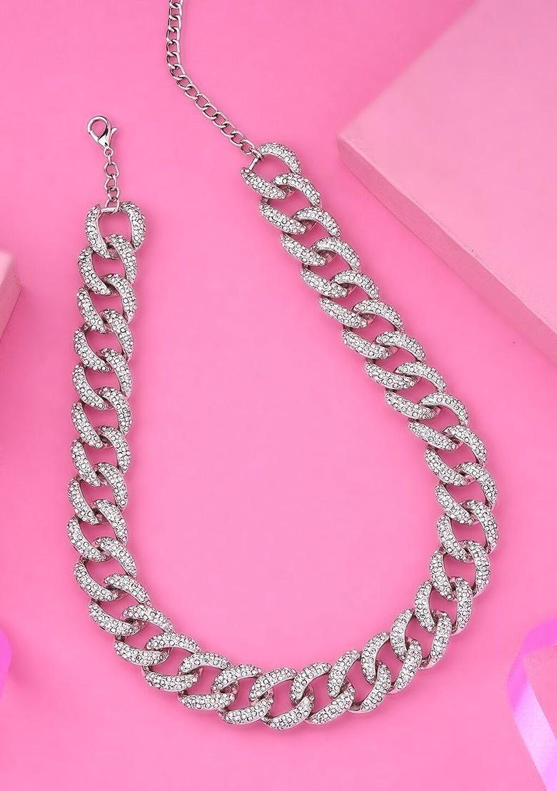 White Studded Rhodium Plated Chain And Pendant