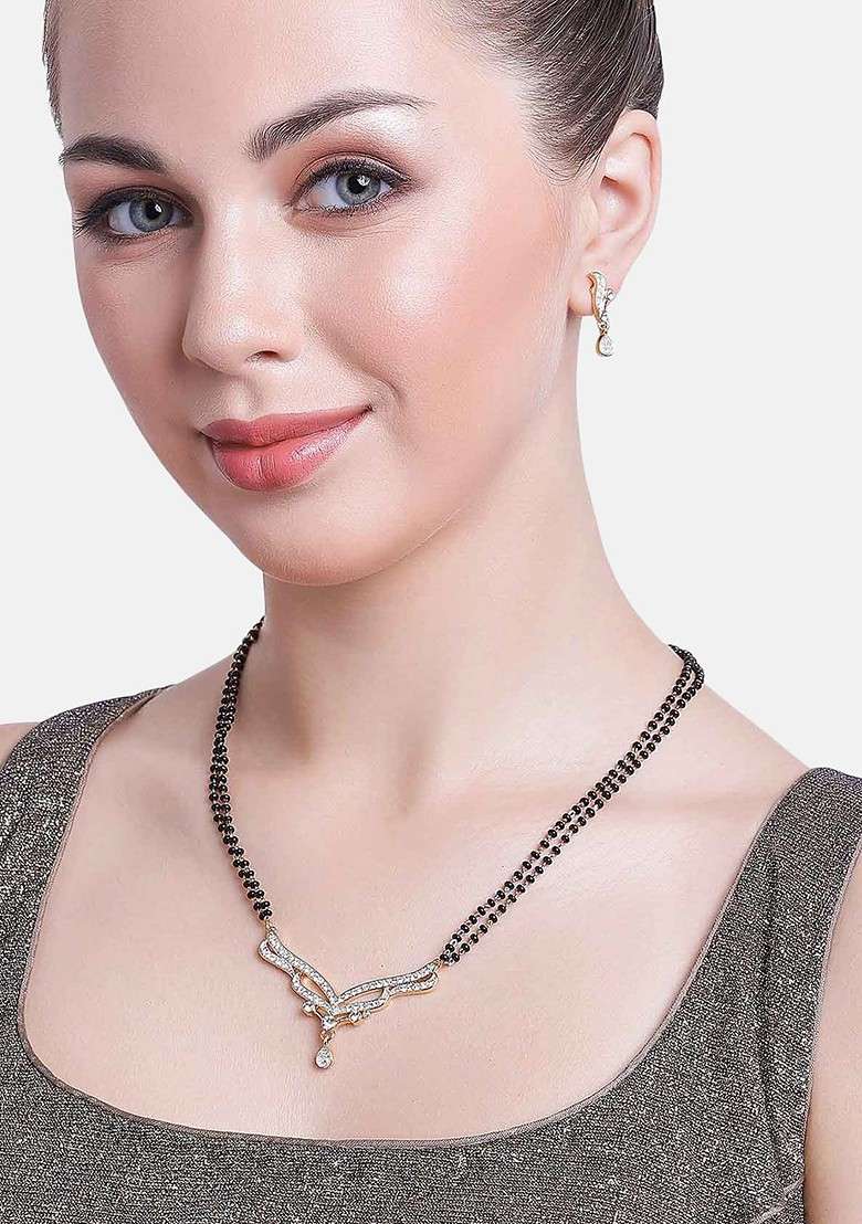  White Solid Rhodium Plated Mangalsutra With Earrings - Indya