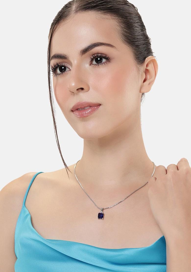 Blue Studded Rhodium Plated Pendant