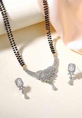 Gold Studded Rhodium Plated Mangalsutra With Earrings