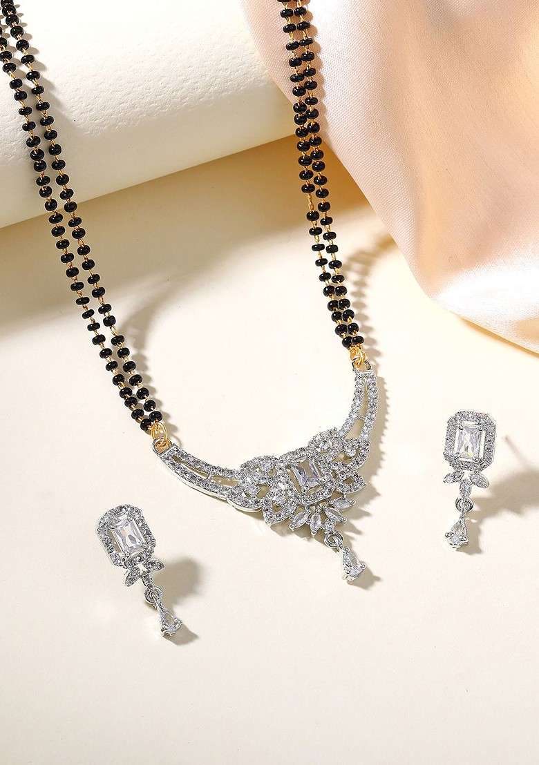 Gold Studded Rhodium Plated Mangalsutra With Earrings - Indya