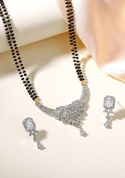 Gold Studded Rhodium Plated Mangalsutra With Earrings