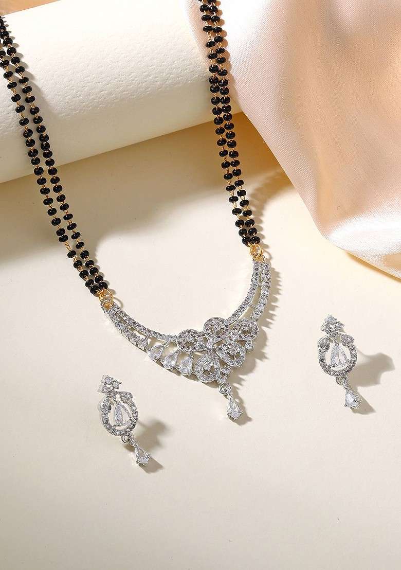 Gold Studded Rhodium Plated Mangalsutra With Earrings - Indya