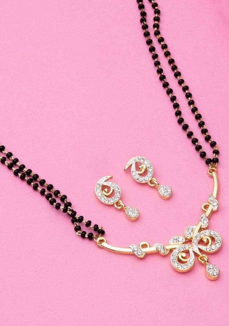 White Solid Rhodium Plated Mangalsutra With Earrings - Indya