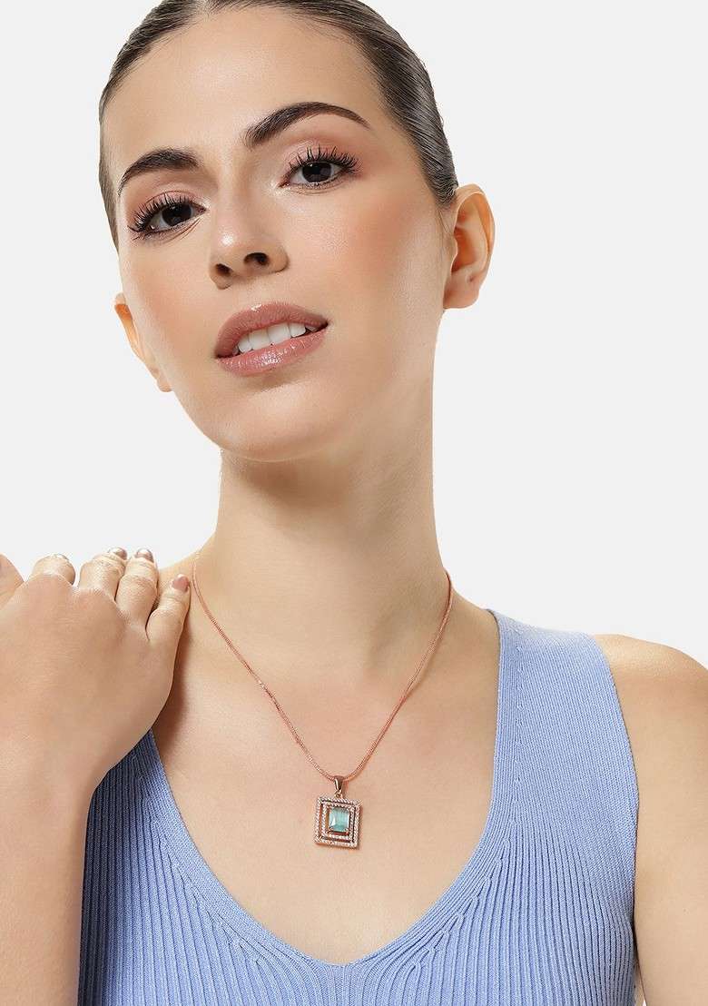 Sea Green Cz Gold Plated Pendant - Indya