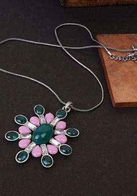 Pink Studded Rhodium Plated Pendant