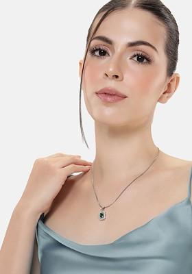 Green Studded Rhodium Plated Pendant