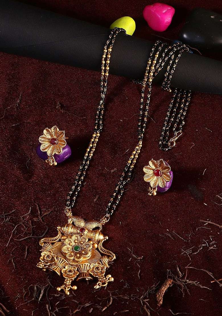Gold Stones Studded Gold Plated Mangalsutra With Earrings - Indya