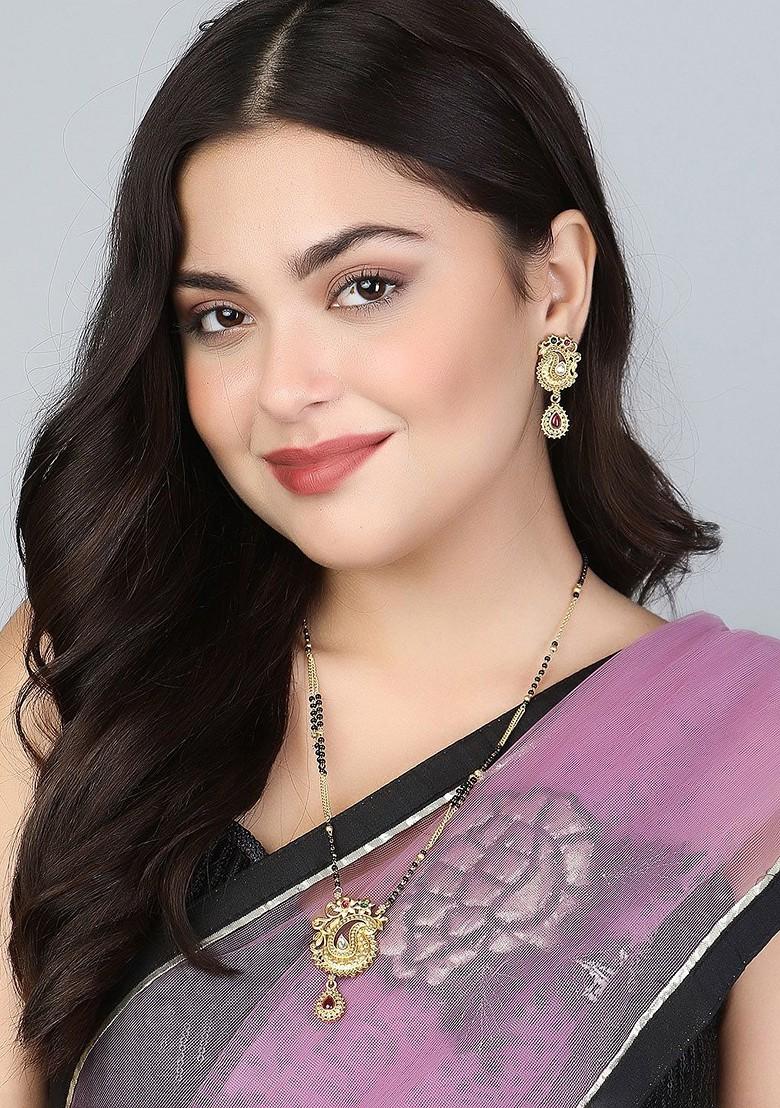 Gold Stones Studded Gold Plated Mangalsutra With Earrings