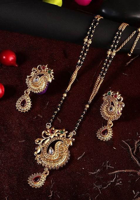 Gold Stones Studded Gold Plated Mangalsutra With Earrings