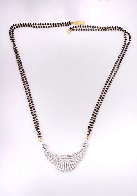 Silver Stone Studded And Beaded Rhodium Plated Mangalsutra