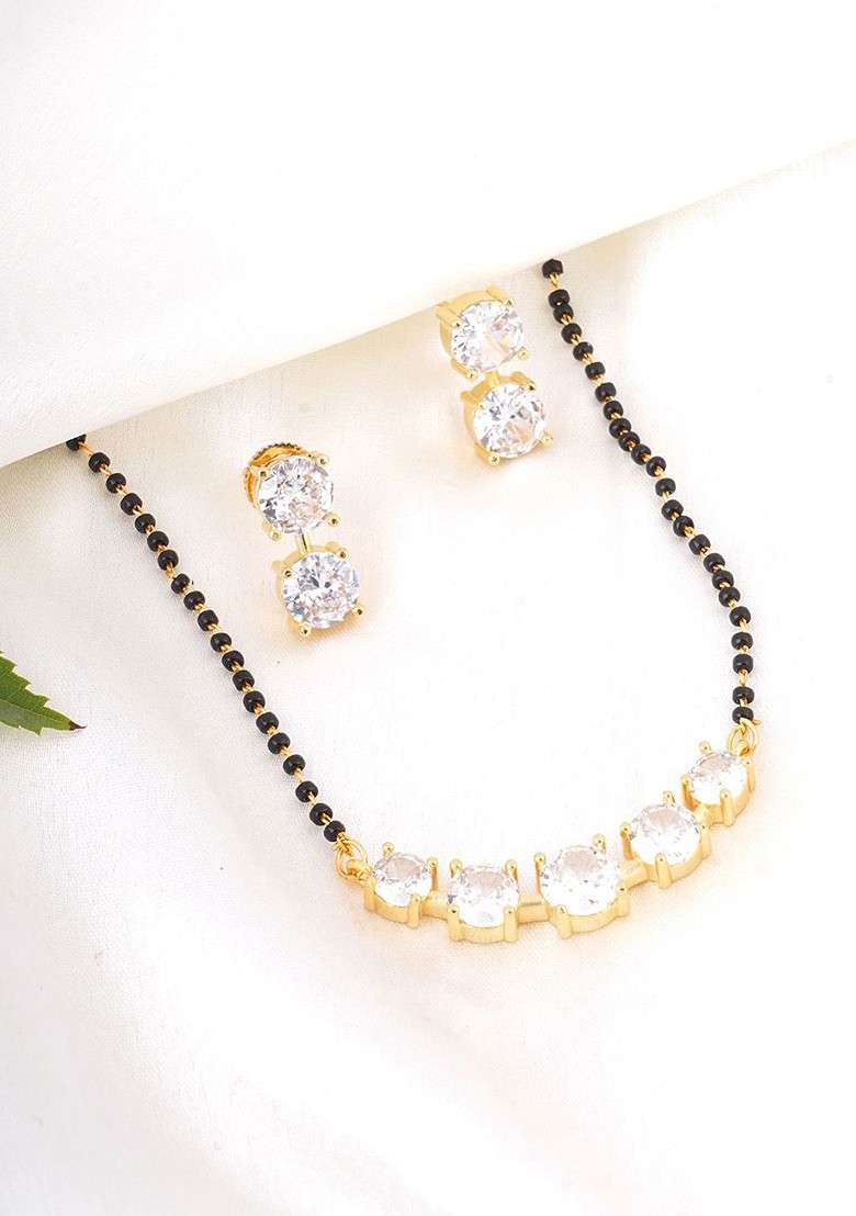 Gold Artificial Stones And Beads Gold Plated Mangalsutra With Earrings - Indya