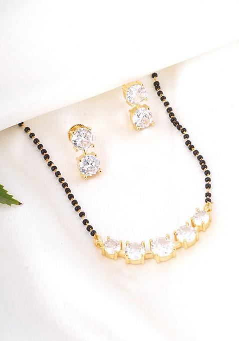 Gold Artificial Stones And Beads Gold Plated Mangalsutra With Earrings