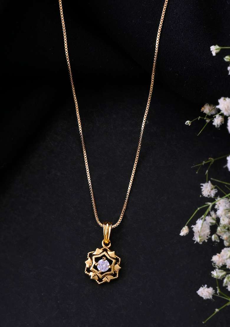 Gold Plated Flower Shaped Ad Studded Pandent With Chain - Indya