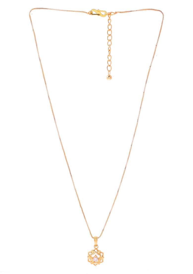 Gold Plated Flower Shaped Ad Studded Pandent With Chain - Indya