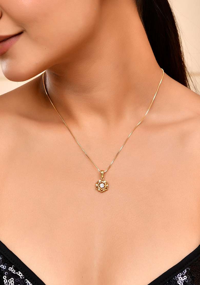 Gold Plated Flower Shaped Ad Studded Pandent With Chain - Indya