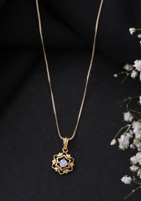 Gold Plated Flower Shaped Ad Studded Pandent With Chain