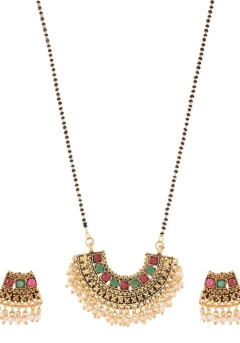 Gold Beaded Gold Plated Mangalsutra With Earrings