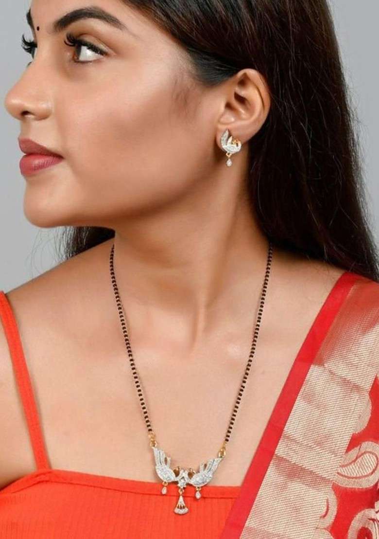 Gold Stone Studded Gold Plated Mangalsutra With Earrings - Indya