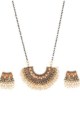 White Beaded Gold Plated Mangalsutra With Earrings