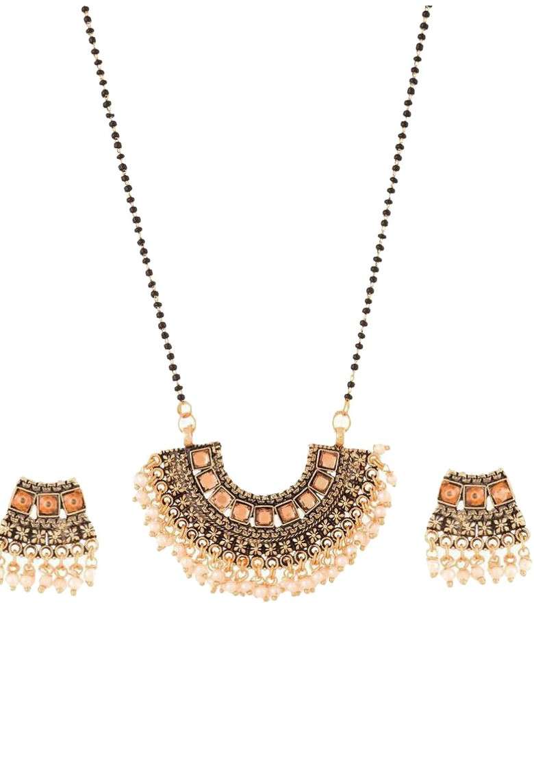 White Beaded Gold Plated Mangalsutra With Earrings - Indya