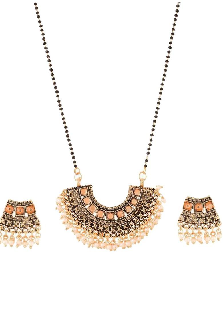 White Beaded Gold Plated Mangalsutra With Earrings