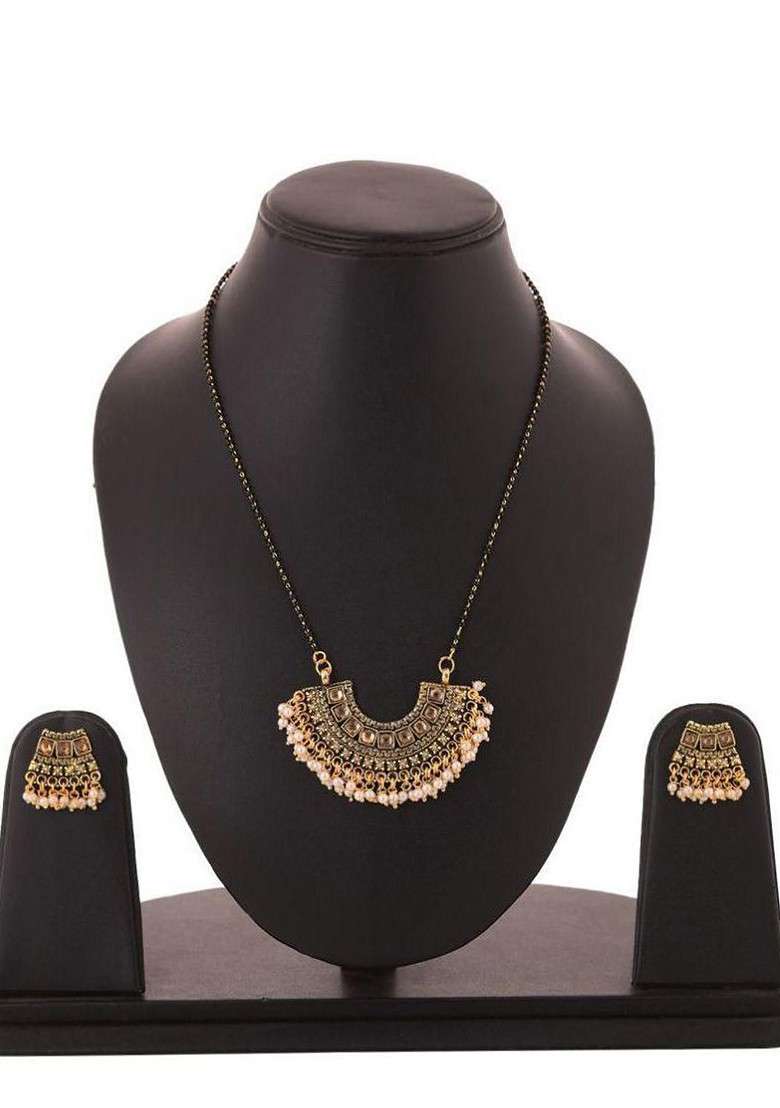 White Beaded Gold Plated Mangalsutra With Earrings - Indya