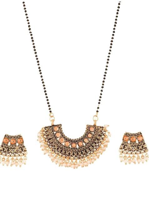 White Beaded Gold Plated Mangalsutra With Earrings