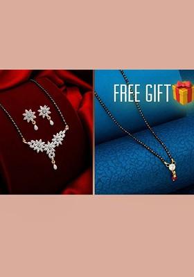 Gold Stone Studded Gold Plated Mangalsutra Pack Of 2 With Earrings