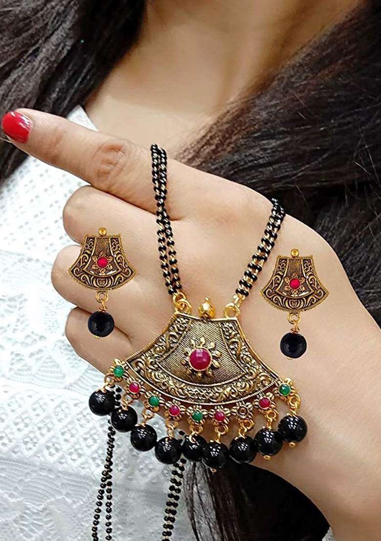 Gold Beaded Gold Plated Mangalsutra With Earrings - Indya