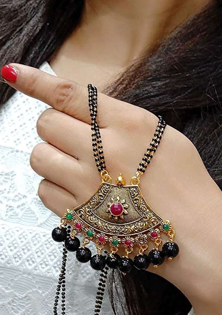 Gold Beaded Gold Plated Mangalsutra With Earrings - Indya