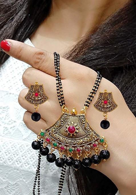 Gold Beaded Gold Plated Mangalsutra With Earrings