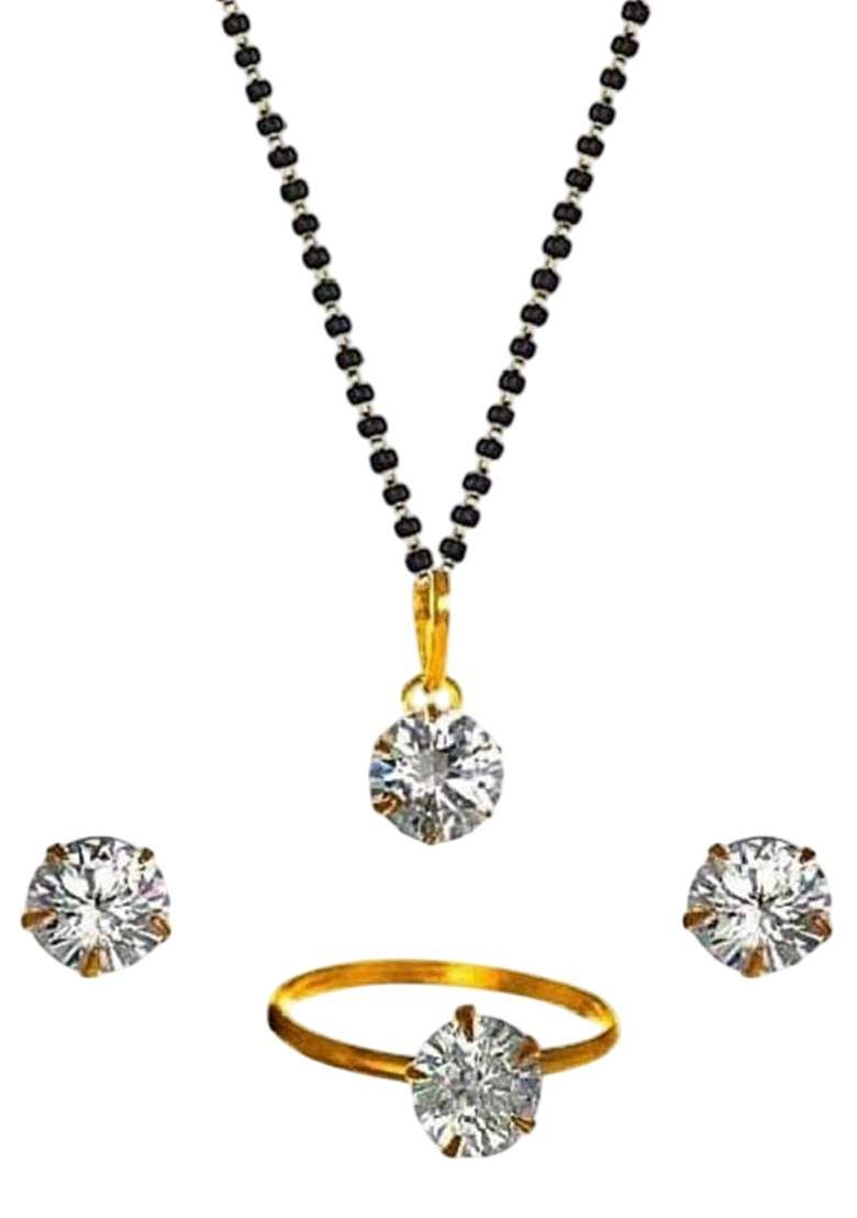 Gold Beaded Gold Plated Mangalsutra With Earrings And Ring - Indya
