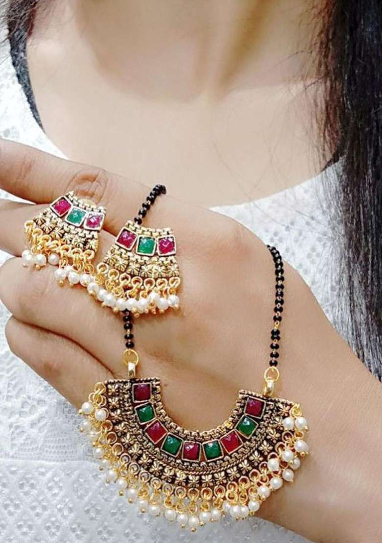 Gold Stone Studded Gold Plated Mangalsutra With Earrings - Indya