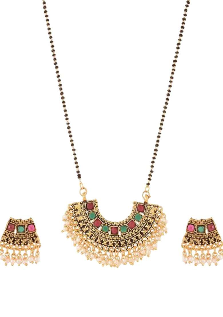 Gold Stone Studded Gold Plated Mangalsutra With Earrings - Indya