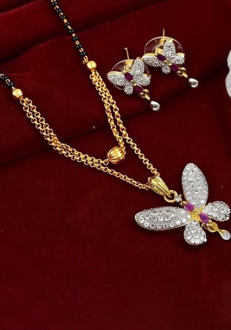 Silver Butterfly Gold Plated Mangalsutra With Earrings