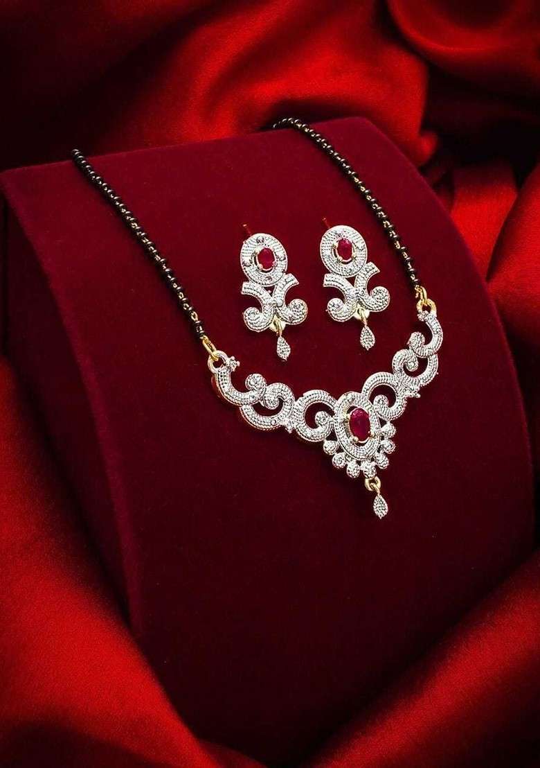 Gold Stone Studded Gold Plated Mangalsutra With Earrings - Indya