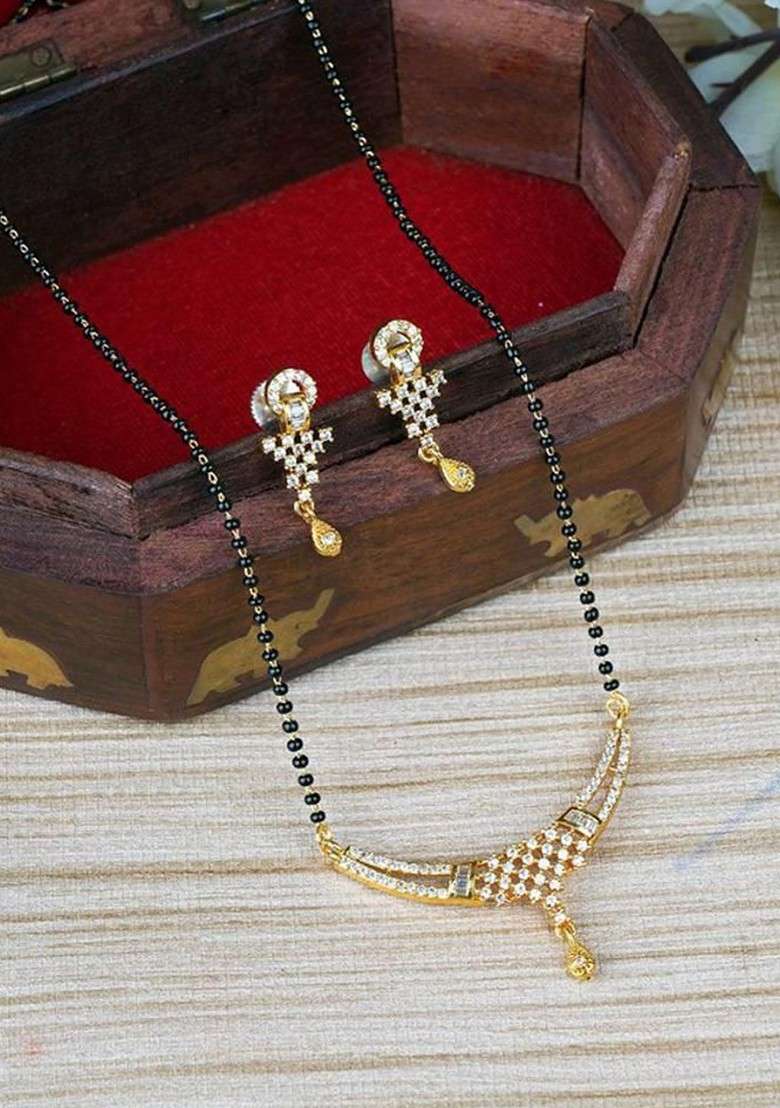Gold Stone Studded Gold Plated Mangalsutra With Earrings - Indya