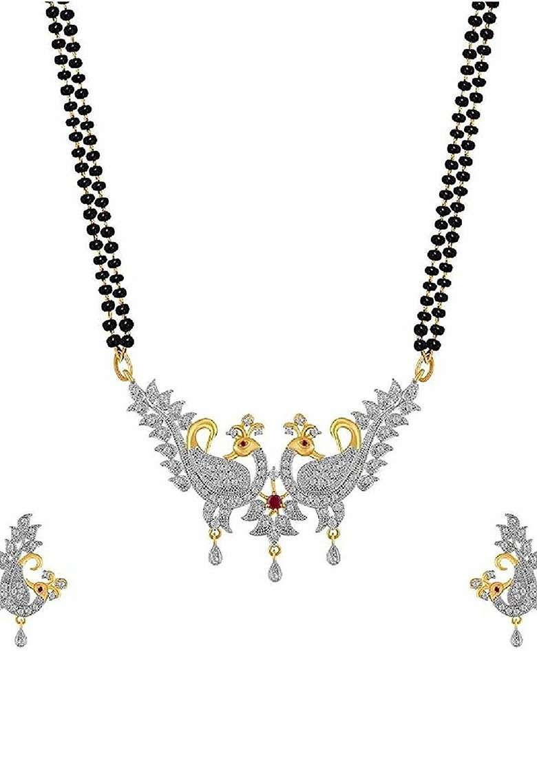 Gold Stone Studded Gold Plated Mangalsutra With Earrings - Indya