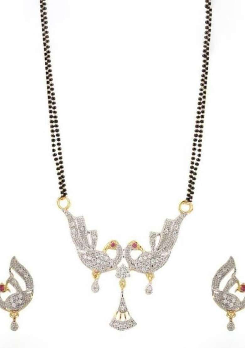 Black Beaded Gold Plated Mangalsutra With Earrings - Indya